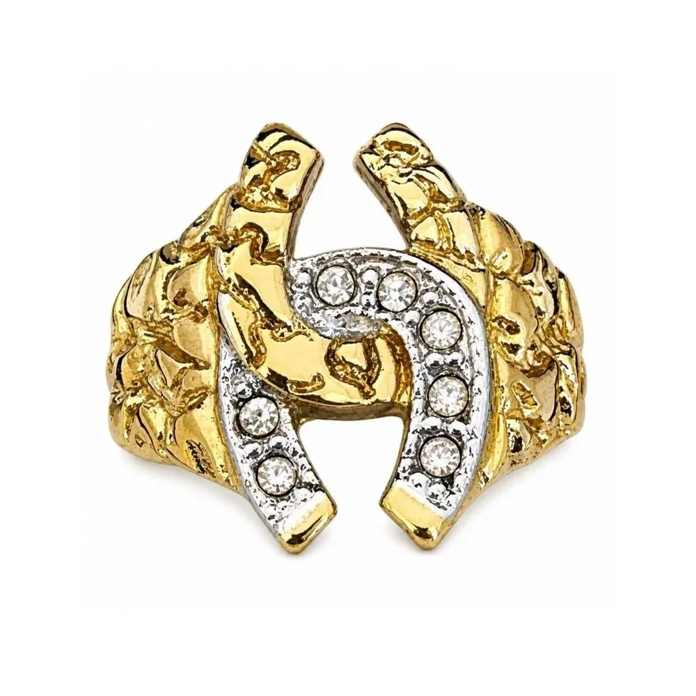 Vintage 1980s Ring Size 11 Horseshoe Nugget Textured CZ Gold Plated - 14P